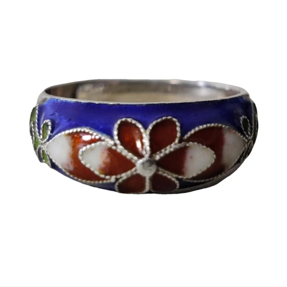 Vintage Chinese Export Cloisonne Sterling Silver Adjustable Ring - Picture 3 of 12